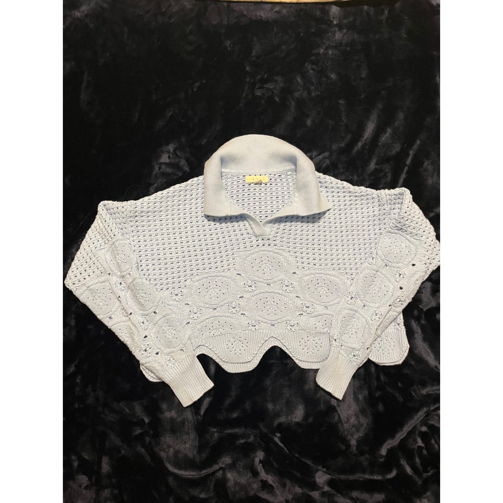 LA Hearts Polo Sweater Women XS Blue Excellent Scalloped Pointelle Crop Knit